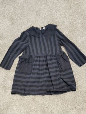 Motoreta Girls' Black and Navy Striped Long-Sleeve Dress with Peter Pan Collar